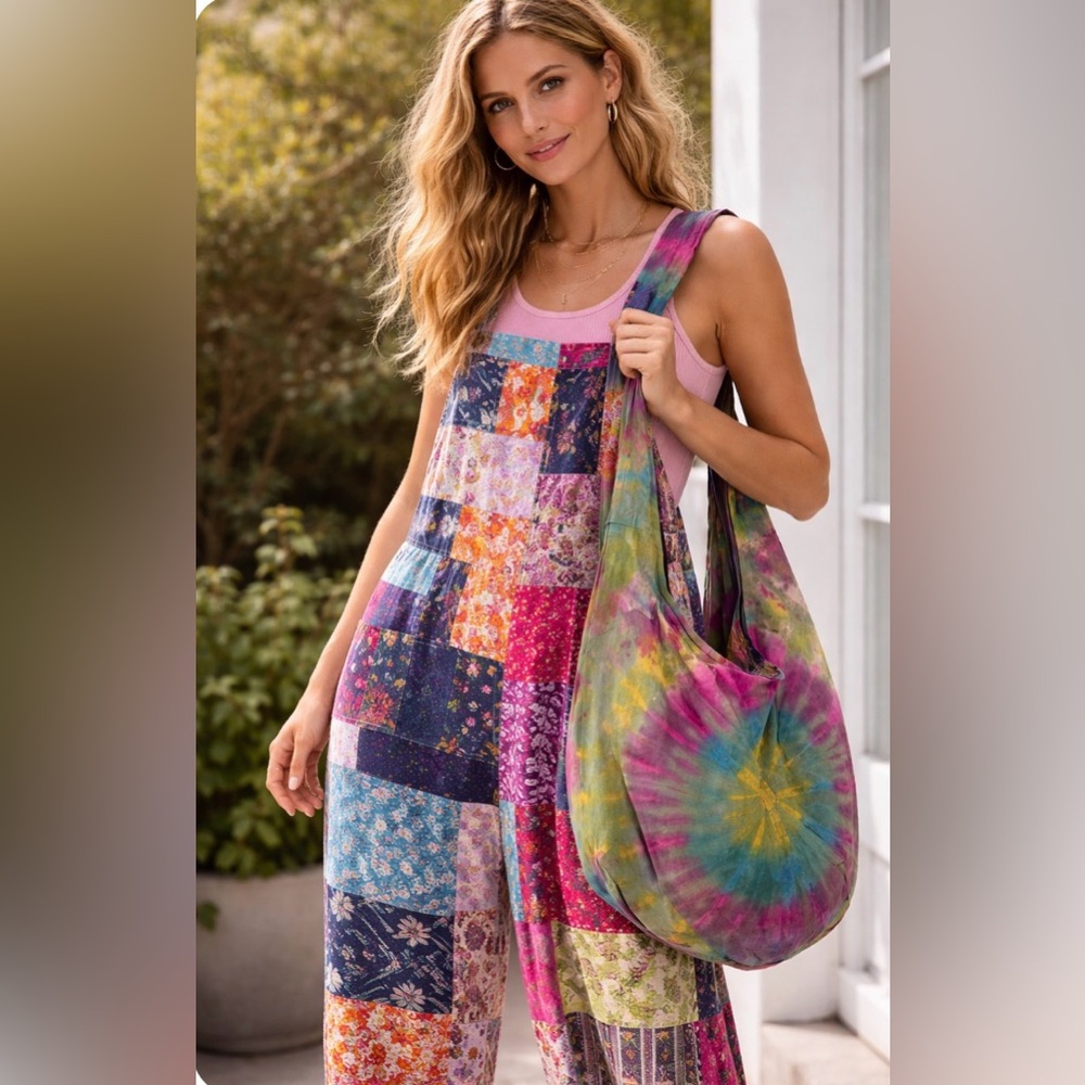 Boho Tie Dye Cotton Crossbody Hobo Bag In Green And Pink  Brand New - Picture 3 of 10